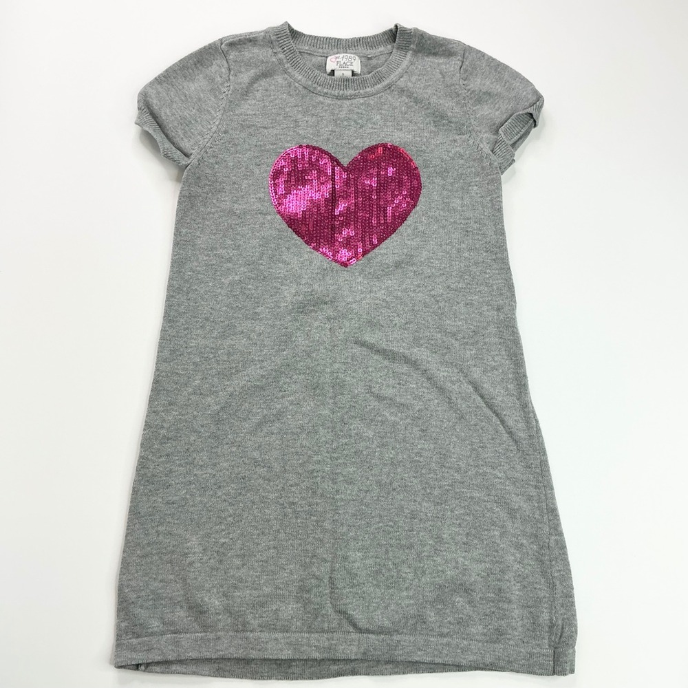 The Children's Place Grey Sweater Dress Kids 5/6 Pink Sequin Heart Short Slv